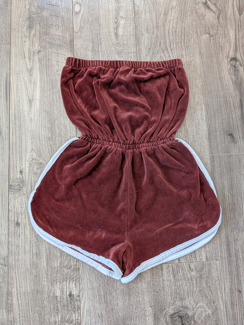 Vintage Brown Velour Strapless Shorts Romper with White Trim - Picture 2 of 11